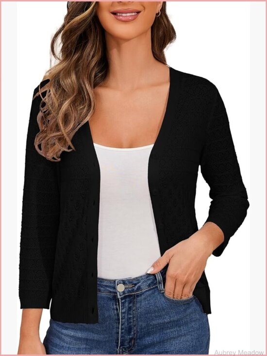 Sweaters - Lightweight Crochet Cardigan 3/4 Sleeve Cropped V Neck Button Shrug Knit Sweater